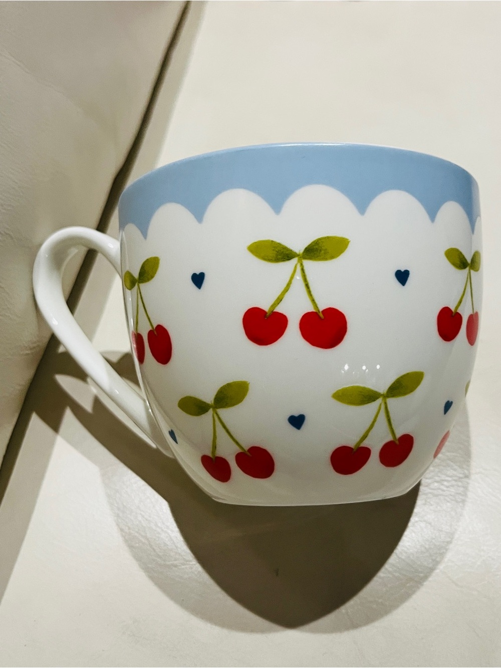 Bluebird and Willow Co, Ceramic Cherry Pattern Coffee Mug - White,Blue and green
